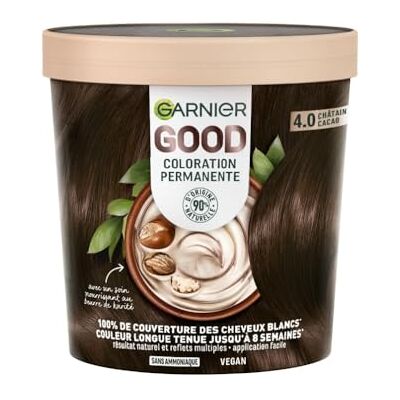 Garnier Coloration Permanente Sans Ammoniaque 90% d'Ingrédients d'Origine Naturelle et Formule Vegan Beurre de Karité 100% Couverture Cheveux Blancs Châtain Cacao (4.0) Good - Publicité Garnier Coloration Permanente Sans Ammoniaque 90% d'Ingrédients d'Origine Naturelle et Formule Vegan Beurre de Karité 100% Couverture Cheveux Blancs Châtain Cacao (4.0) Good - Publicité