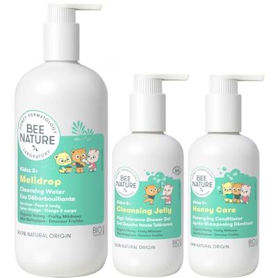 bee nature Gel Douche Bio Enfant 200ml Shampoing Honey Mousse 200ml Eau Nettoyante Sans Rinçage 500ml 100% Biodégradable et Recyclable. Publicité bee nature Gel Douche Bio Enfant 200ml Shampoing Honey Mousse 200ml Eau Nettoyante Sans Rinçage 500ml 100% Biodégradable et Recyclable. Publicité
