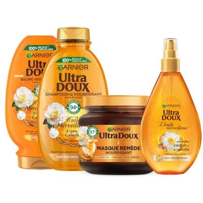 Garnier Ultra Doux Routine pour cheveux Secs Huiles Merveilleuses (Huile, Masque, Shampooing, démêlant) - Publicité Garnier Ultra Doux Routine pour cheveux Secs Huiles Merveilleuses (Huile, Masque, Shampooing, démêlant) - Publicité
