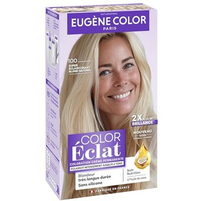 Eugène Color Color Eclat Coloration permanente Couvre 100% des cheveux blancs Longue durée et Brillance 100 SUPER ECLAIRCISSANT BLOND NATUREL - Publicité Eugène Color Color Eclat Coloration permanente Couvre 100% des cheveux blancs Longue durée et Brillance 100 SUPER ECLAIRCISSANT BLOND NATUREL - Publicité