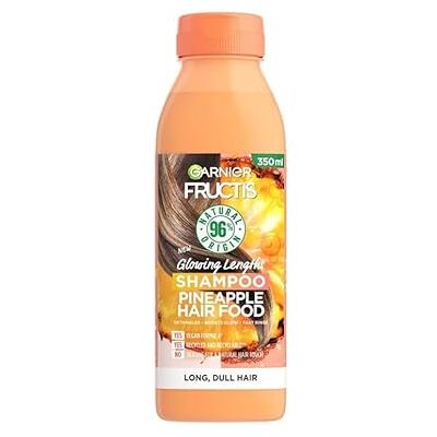 Garnier Fructis Hair Food Shampooing à l'ananas, longueurs lumineuses, formule végétalienne, recyclé et recyclable, 98 % naturel, pour cheveux longs et ternes, sans silicone, 350 ml - Publicité Garnier Fructis Hair Food Shampooing à l'ananas, longueurs lumineuses, formule végétalienne, recyclé et recyclable, 98 % naturel, pour cheveux longs et ternes, sans silicone, 350 ml - Publicité