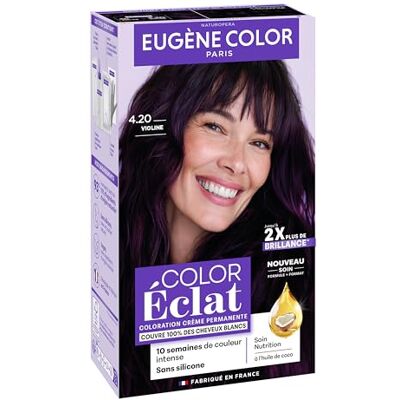Eugène Color Coloration Cheveux Permanente, Couvre 100% des cheveux blancs, Brillance et Durée 4.20 VIOLINE - Publicité Eugène Color Coloration Cheveux Permanente, Couvre 100% des cheveux blancs, Brillance et Durée 4.20 VIOLINE - Publicité