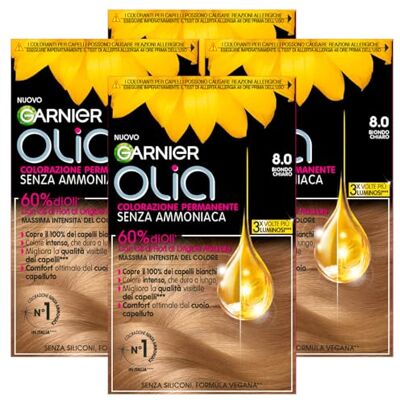 Garnier Olia Teinture Permanente pour Cheveux Sans Ammoniaque Coloration avec des Huiles de Fleurs d’Origine Naturelle à Action Illuminante et Nourrissante Couleur 8.0 Blond Clair 4 Packs - Publicité Garnier Olia Teinture Permanente pour Cheveux Sans Ammoniaque Coloration avec des Huiles de Fleurs d’Origine Naturelle à Action Illuminante et Nourrissante Couleur 8.0 Blond Clair 4 Packs - Publicité