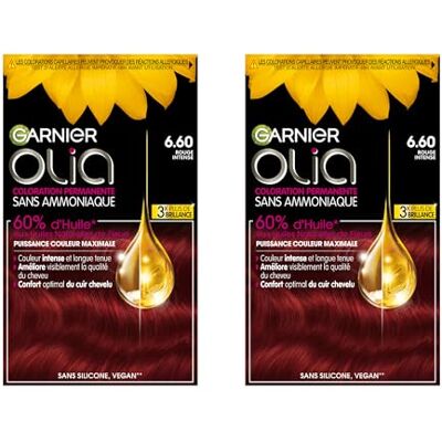 Garnier Olia Teinture Permanente pour Cheveux Sans Ammoniaque Coloration aux Huiles de Fleurs Naturelles à Action Éclaircissante et Nourrissante Couleur 6.60 Rouge Intense 2 Packs - Publicité Garnier Olia Teinture Permanente pour Cheveux Sans Ammoniaque Coloration aux Huiles de Fleurs Naturelles à Action Éclaircissante et Nourrissante Couleur 6.60 Rouge Intense 2 Packs - Publicité