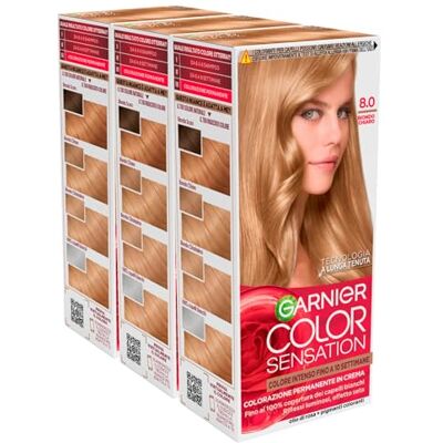Garnier Color Sensation Coloration Permanente Longue Durée à l'huile de Rose Couvrance 100% Cheveux Blancs Couleur 8.0 Blond Clair 3 Couleurs - Publicité Garnier Color Sensation Coloration Permanente Longue Durée à l'huile de Rose Couvrance 100% Cheveux Blancs Couleur 8.0 Blond Clair 3 Couleurs - Publicité