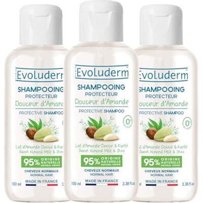 Evoluderm – Shampoing Protecteur Douceur d'Amande – 100 ml – 95% d’Origine Naturelle – Végan – Fabrication Française Lot de 3 x 100 ml - Publicité Evoluderm – Shampoing Protecteur Douceur d'Amande – 100 ml – 95% d’Origine Naturelle – Végan – Fabrication Française Lot de 3 x 100 ml - Publicité