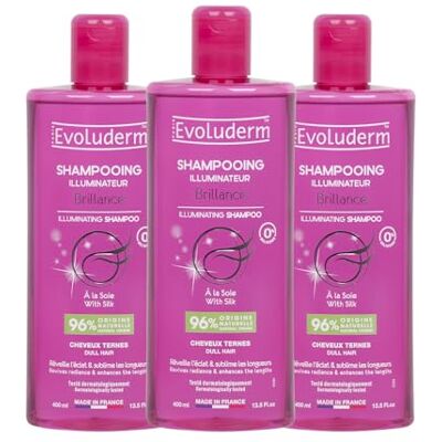 Evoluderm Shampoing Illuminateur Brillance 400 ml 96% d’Origine Naturelle Végan Fabrication Française Lot de 3 x 400 ml - Publicité Evoluderm Shampoing Illuminateur Brillance 400 ml 96% d’Origine Naturelle Végan Fabrication Française Lot de 3 x 400 ml - Publicité