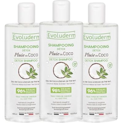 Evoluderm Shampoing Détox Pluie de Coco 400 ml 96% d'Origine Naturelle Végan Fabrication Française Lot de 3 x 400 ml - Publicité Evoluderm Shampoing Détox Pluie de Coco 400 ml 96% d'Origine Naturelle Végan Fabrication Française Lot de 3 x 400 ml - Publicité