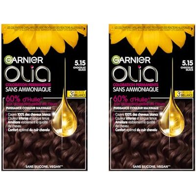 Garnier Olia Coloration permanente sans ammoniaque avec des huiles naturelles de fleurs à action éclairante et nutritive, couleur 5.15 Chocolat glacé – 2 boîtes - Publicité Garnier Olia Coloration permanente sans ammoniaque avec des huiles naturelles de fleurs à action éclairante et nutritive, couleur 5.15 Chocolat glacé – 2 boîtes - Publicité