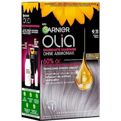 Garnier Olia Coloration permanente sans ammoniaque, avec huiles nourrissantes et naturelles, couverture complète des cheveux gris, coloration permanente, n°9.11 argent, 1 pièce - Publicité Garnier Olia Coloration permanente sans ammoniaque, avec huiles nourrissantes et naturelles, couverture complète des cheveux gris, coloration permanente, n°9.11 argent, 1 pièce - Publicité