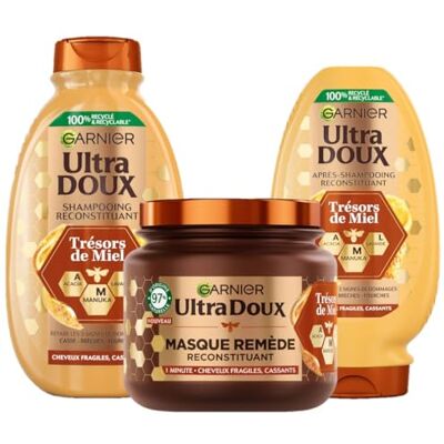 Garnier Ultra Doux Trésors de Miel Routine Capillaire Reconstituante Shampooing, Après-Shampooing & Masque À la Cire d'Abeille & Au Miel d'Acacia Pour Cheveux Fragiles & Cassants - Publicité Garnier Ultra Doux Trésors de Miel Routine Capillaire Reconstituante Shampooing, Après-Shampooing & Masque À la Cire d'Abeille & Au Miel d'Acacia Pour Cheveux Fragiles & Cassants - Publicité