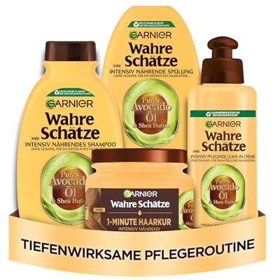 Garnier Wahre Schätze Kit de soin avec shampooing, après-shampoing, masque et sans rinçage à l'huile d'avocat et au beurre de karité pour cheveux très secs, ondulés, bouclés et épais, convient à tous - Publicité Garnier Wahre Schätze Kit de soin avec shampooing, après-shampoing, masque et sans rinçage à l'huile d'avocat et au beurre de karité pour cheveux très secs, ondulés, bouclés et épais, convient à tous - Publicité