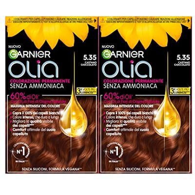 Garnier Huile de couleur permanente sans ammoniaque avec des huiles de fleurs d'origine naturelle à action éclairante et nutritive, couleur 5,35 marron chocolat – 2 paquets - Publicité Garnier Huile de couleur permanente sans ammoniaque avec des huiles de fleurs d'origine naturelle à action éclairante et nutritive, couleur 5,35 marron chocolat – 2 paquets - Publicité