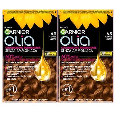 Garnier Olia Lot de 2 colorations permanentes pour cheveux, sans ammoniaque, aux huiles florales d'origine naturelle, avec effet éclaircissant et nourrissant, couleur 6,3 châtain clair doré, 460 ml - Publicité Garnier Olia Lot de 2 colorations permanentes pour cheveux, sans ammoniaque, aux huiles florales d'origine naturelle, avec effet éclaircissant et nourrissant, couleur 6,3 châtain clair doré, 460 ml - Publicité