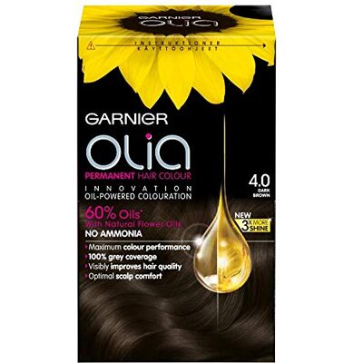 Garnier Olia Lot de 3 teintures permanentes sans ammoniaque pour un parfum agréable, couverture jusqu'à 100 % des cheveux blancs, performance maximale de la couleur, 60 % d'huiles – 4.0 marron foncé - Publicité Garnier Olia Lot de 3 teintures permanentes sans ammoniaque pour un parfum agréable, couverture jusqu'à 100 % des cheveux blancs, performance maximale de la couleur, 60 % d'huiles – 4.0 marron foncé - Publicité