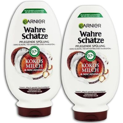 Garnier Wahre Schätze Lot de 2 après-shampoings au lait de coco et à la macadamia pour cheveux normaux et secs 2 x 200 ml - Publicité Garnier Wahre Schätze Lot de 2 après-shampoings au lait de coco et à la macadamia pour cheveux normaux et secs 2 x 200 ml - Publicité