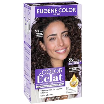 Eugène Color Coloration Cheveux Permanente, Couvre 100% des cheveux blancs, Brillance et Durée 5.3 CHÂTAIN NOISETTE - Publicité Eugène Color Coloration Cheveux Permanente, Couvre 100% des cheveux blancs, Brillance et Durée 5.3 CHÂTAIN NOISETTE - Publicité