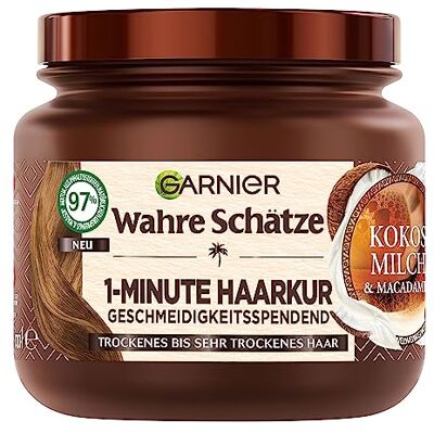 Garnier Wahre Schätze Cure nourrissante 1 minute pour cheveux secs à très secs, avec lait de coco et huile de macadamia pour une brillance et une douceur renouvelées, formule végétalienne, 1 x 340 ml - Publicité Garnier Wahre Schätze Cure nourrissante 1 minute pour cheveux secs à très secs, avec lait de coco et huile de macadamia pour une brillance et une douceur renouvelées, formule végétalienne, 1 x 340 ml - Publicité