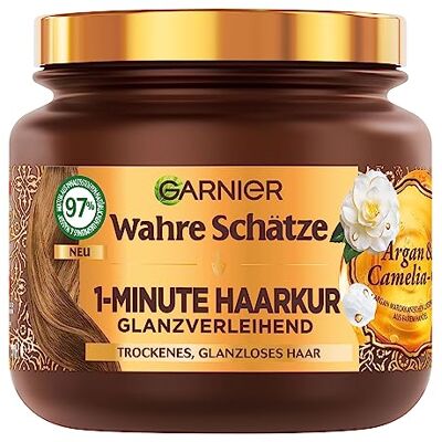 Garnier Wahre Schätze Cure capillaire brillante en 1 minute pour cheveux secs et ternes, à l'huile d'argan et à l'huile de camélia pour brillance et souplesse, formule végétalienne, 1 x 340 ml - Publicité Garnier Wahre Schätze Cure capillaire brillante en 1 minute pour cheveux secs et ternes, à l'huile d'argan et à l'huile de camélia pour brillance et souplesse, formule végétalienne, 1 x 340 ml - Publicité