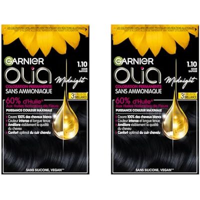 Garnier Olia Teinture Permanente pour Cheveux Sans Ammoniaque Coloration aux Huiles de Fleurs Naturelles à Action Illuminante et Nourrissante Couleur 1.10 Noir Saphir-2 Packs, 460.0 millilitres - Publicité Garnier Olia Teinture Permanente pour Cheveux Sans Ammoniaque Coloration aux Huiles de Fleurs Naturelles à Action Illuminante et Nourrissante Couleur 1.10 Noir Saphir-2 Packs, 460.0 millilitres - Publicité