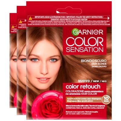 Garnier Color Sensation Color Shampoo Retouch Coloration Permanente Blond Foncé Couvre 100% des Cheveux Gris Sans Ammoniaque 3 Teintes - Publicité Garnier Color Sensation Color Shampoo Retouch Coloration Permanente Blond Foncé Couvre 100% des Cheveux Gris Sans Ammoniaque 3 Teintes - Publicité