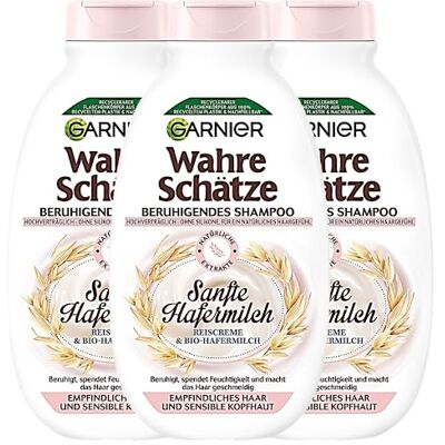 Garnier Wahre Schätze Shampooing apaisant au lait d'avoine doux pour cheveux sensibles et cuir chevelu sensible, 3 x 250 ml - Publicité Garnier Wahre Schätze Shampooing apaisant au lait d'avoine doux pour cheveux sensibles et cuir chevelu sensible, 3 x 250 ml - Publicité