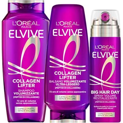 Garnier L'Oréal Paris Elvital Collagen Lifter Volume Routine pour cheveux plus épais Avec shampooing, après-shampoing et spray Big Hair Day 3 pièces - Publicité Garnier L'Oréal Paris Elvital Collagen Lifter Volume Routine pour cheveux plus épais Avec shampooing, après-shampoing et spray Big Hair Day 3 pièces - Publicité