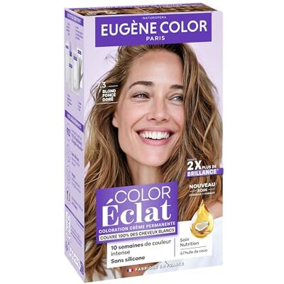 Eugène Color Color Eclat Coloration permanente Couvre 100% des cheveux blancs Longue durée et Brillance 7.3 BLOND FONCE DORE - Publicité Eugène Color Color Eclat Coloration permanente Couvre 100% des cheveux blancs Longue durée et Brillance 7.3 BLOND FONCE DORE - Publicité