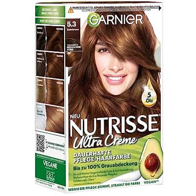 Garnier Nutrisse Coloration capillaire longue durée aux huiles de fruits nourrissantes, tenue 8 semaines, teinte ultra crème, marron velours 53 - Publicité Garnier Nutrisse Coloration capillaire longue durée aux huiles de fruits nourrissantes, tenue 8 semaines, teinte ultra crème, marron velours 53 - Publicité