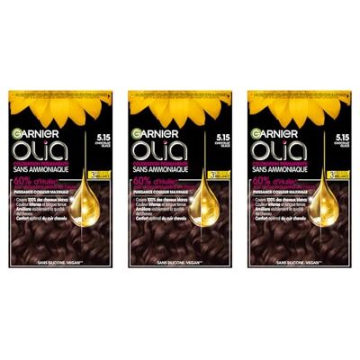 Garnier Olia Coloration permanente sans ammoniaque avec des huiles naturelles de fleurs à action éclairante et nutritive, couleur 5.15 Chocolat glacé – 3 boîtes - Publicité Garnier Olia Coloration permanente sans ammoniaque avec des huiles naturelles de fleurs à action éclairante et nutritive, couleur 5.15 Chocolat glacé – 3 boîtes - Publicité