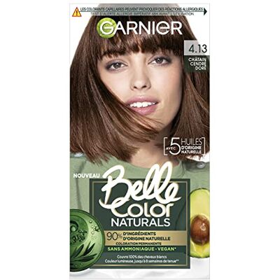 Garnier Coloration Permanente Sans Ammoniaque 90% d'Ingrédient d'Origine Naturelle Formule Vegan Belle Color Naturals Teinte : Châtain Cendré Doré (4.13) - Publicité Garnier Coloration Permanente Sans Ammoniaque 90% d'Ingrédient d'Origine Naturelle Formule Vegan Belle Color Naturals Teinte : Châtain Cendré Doré (4.13) - Publicité