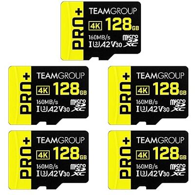 TEAMGROUP Lot de 5 cartes A2 Pro Plus 128 Go Micro SDXC UHS-I U3 A2 V30, R/W jusqu'à 160/110 Mo/s pour Nintendo Switch, appareils de jeu, tablettes, smartphones, prise de vue 4K, avec adaptateur - Publicité TEAMGROUP Lot de 5 cartes A2 Pro Plus 128 Go Micro SDXC UHS-I U3 A2 V30, R/W jusqu'à 160/110 Mo/s pour Nintendo Switch, appareils de jeu, tablettes, smartphones, prise de vue 4K, avec adaptateur - Publicité