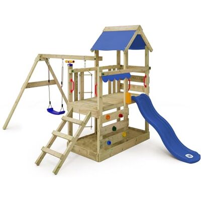 Wickey Aire de Jeux TurboFlyer portique en Bois avec balançoire et Toboggan Bleu, Tour d'escalade pour Enfants avec bac à Sable, échelle et Accessoires de Jeu pour Le Jardin. Publicité Wickey Aire de Jeux TurboFlyer portique en Bois avec balançoire et Toboggan Bleu, Tour d'escalade pour Enfants avec bac à Sable, échelle et Accessoires de Jeu pour Le Jardin. Publicité