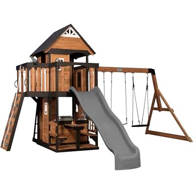 Backyard Discovery Canyon Creek Aire de Jeux en Bois avec Toboggan Portique avec 2 Balançoires, 1 Nid d'Oiseau, Mur d'Escalade & Table de Pique-Nique, Certifié FSC, Hauteur 138 cm - Publicité Backyard Discovery Canyon Creek Aire de Jeux en Bois avec Toboggan Portique avec 2 Balançoires, 1 Nid d'Oiseau, Mur d'Escalade & Table de Pique-Nique, Certifié FSC, Hauteur 138 cm - Publicité