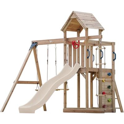 AXI Moos Aire De Jeux en Bois avec 2 Balançoires, Toboggan Crème, Echelle en Corde/Aire De Jeux Extérieur avec Balançoires/Bac À Sable/Mur d'escalade Portique Balançoire/Jeux en Bois Extérieur - Publicité AXI Moos Aire De Jeux en Bois avec 2 Balançoires, Toboggan Crème, Echelle en Corde/Aire De Jeux Extérieur avec Balançoires/Bac À Sable/Mur d'escalade Portique Balançoire/Jeux en Bois Extérieur - Publicité