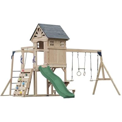 AXI Duncan Aire De Jeux en Bois, 2 Balançoires, 1 Toboggan Vert Maisonnette/Equipement De Jeux XXL pour Enfants avec Structure d'escalade, Barres Fixes Et Trapèze pour Le Jardin - Publicité AXI Duncan Aire De Jeux en Bois, 2 Balançoires, 1 Toboggan Vert Maisonnette/Equipement De Jeux XXL pour Enfants avec Structure d'escalade, Barres Fixes Et Trapèze pour Le Jardin - Publicité