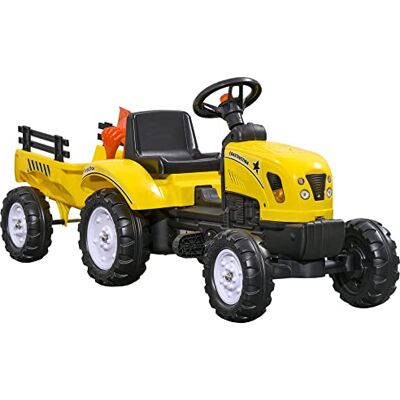 HOMCOM Porteur Tracteur Enfants avec Remorque, Râteau et Pelle, Jaune - Publicité HOMCOM Porteur Tracteur Enfants avec Remorque, Râteau et Pelle, Jaune - Publicité