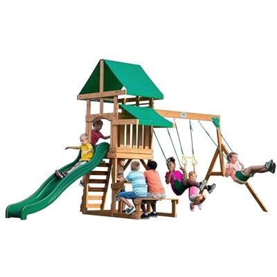 Backyard Discovery Belmont Aire de Jeux avec Toboggan Vert Portique avec 2 Balançoires, Trapèze, Bac à Sable & Table de Pique-Nique, Hauteur Plateforme 120 cm - Publicité Backyard Discovery Belmont Aire de Jeux avec Toboggan Vert Portique avec 2 Balançoires, Trapèze, Bac à Sable & Table de Pique-Nique, Hauteur Plateforme 120 cm - Publicité