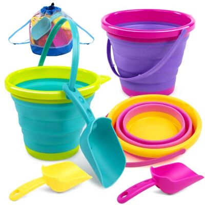 JOYIN Ensemble de 3 seaux de Plage Pliables avec pelles et Sac à Dos en Filet pour Enfants et Tout-Petits Idéal pour Les fêtes, Le Camping, Les Voyages et la pêche (Rose/Violet/Vert) - Publicité JOYIN Ensemble de 3 seaux de Plage Pliables avec pelles et Sac à Dos en Filet pour Enfants et Tout-Petits Idéal pour Les fêtes, Le Camping, Les Voyages et la pêche (Rose/Violet/Vert) - Publicité