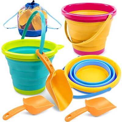 JOYIN Lot de 3 seaux de Sable Pliables avec pelles (Sac en Filet Offert), seaux Pliables Multi-usages pour la Plage, Le Camping, Les fêtes sur la Plage, Le Camping et la pêche (Jaune/Bleu/Vert) - Publicité JOYIN Lot de 3 seaux de Sable Pliables avec pelles (Sac en Filet Offert), seaux Pliables Multi-usages pour la Plage, Le Camping, Les fêtes sur la Plage, Le Camping et la pêche (Jaune/Bleu/Vert) - Publicité