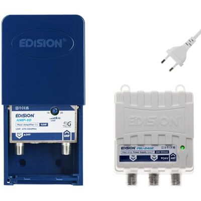 Edision MAK-100 Kit: Préamplificateur de mât Antenne TV TNT 1UHF, 10-25db, 107dBmV, 24V, pour Numérique Terrestre DVB-T/T2, avec Filtre 5G LTE + Alimentation 24V 200mA F 2 Sorties - Publicité Edision MAK-100 Kit: Préamplificateur de mât Antenne TV TNT 1UHF, 10-25db, 107dBmV, 24V, pour Numérique Terrestre DVB-T/T2, avec Filtre 5G LTE + Alimentation 24V 200mA F 2 Sorties - Publicité