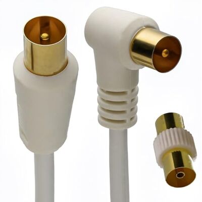 kenable Câble Antenne TV RF Coaxial Blanc Fiche Coudée 90° Mâle vers Mâle + Coupleur Femelle Contacts Dorés Freeview TNT 4m - Publicité kenable Câble Antenne TV RF Coaxial Blanc Fiche Coudée 90° Mâle vers Mâle + Coupleur Femelle Contacts Dorés Freeview TNT 4m - Publicité