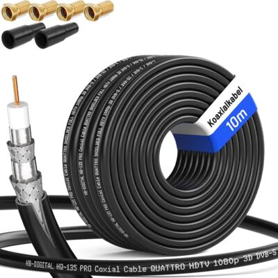 HB-DIGITAL Câble coaxial SAT HQ135 PRO de 10 m avec 2 douilles en caoutchouc + 4 fiches F plaquées or gratuites Câble d'antenne satellite quadruple blindage Pour installations DVB-S/S2 DVB-C/C2 - Publicité HB-DIGITAL Câble coaxial SAT HQ135 PRO de 10 m avec 2 douilles en caoutchouc + 4 fiches F plaquées or gratuites Câble d'antenne satellite quadruple blindage Pour installations DVB-S/S2 DVB-C/C2 - Publicité