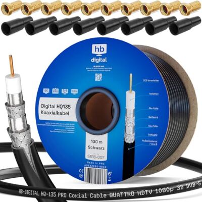 HB-DIGITAL Câble coaxial SAT HQ135 PRO 100 m avec 10 douilles en caoutchouc + 10 fiches F plaquées or gratuites Câble d'antenne satellite 4 voies blindé pour installations DVB-S/S2 DVB-C/C2 DVB-T/T2 - Publicité HB-DIGITAL Câble coaxial SAT HQ135 PRO 100 m avec 10 douilles en caoutchouc + 10 fiches F plaquées or gratuites Câble d'antenne satellite 4 voies blindé pour installations DVB-S/S2 DVB-C/C2 DVB-T/T2 - Publicité