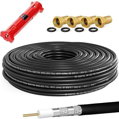 HB-DIGITAL 15m câble coaxial Sat HQ-135dB Pro INCL. Pince à dénuder + 4 fiches F plaquées Or, câble d'antenne Satellite Quadruple blindé, pour systèmes Radio BK DVB-S/S2 DVB-C/C2 DVB-T/T2 Dab+. Noir - Publicité HB-DIGITAL 15m câble coaxial Sat HQ-135dB Pro INCL. Pince à dénuder + 4 fiches F plaquées Or, câble d'antenne Satellite Quadruple blindé, pour systèmes Radio BK DVB-S/S2 DVB-C/C2 DVB-T/T2 Dab+. Noir - Publicité