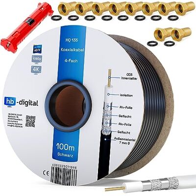 HB-DIGITAL 100m câble coaxial Sat HQ-135dB Pro INCL. Pince à dénuder + 10 fiches F plaquées Or d'antenne Satellite Quadruple blindé pour systèmes Radio BK DVB-S/S2 DVB-C/C2 DVB-T/T2 Dab+. Noir - Publicité HB-DIGITAL 100m câble coaxial Sat HQ-135dB Pro INCL. Pince à dénuder + 10 fiches F plaquées Or d'antenne Satellite Quadruple blindé pour systèmes Radio BK DVB-S/S2 DVB-C/C2 DVB-T/T2 Dab+. Noir - Publicité