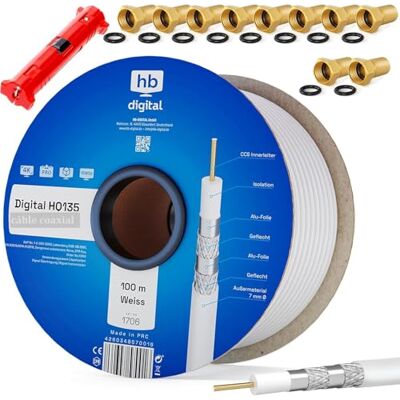 HB-DIGITAL HQ-135 PRO 100m 135dB Câble SAT coaxial 4 fois blindé avec dénudage et 10 fiches F dorées Câble d'antenne pour systèmes DVB-S / S2 / S2X DVB-C et DVB-T / T2 BK UHD 4K Full HD 3D - Publicité HB-DIGITAL HQ-135 PRO 100m 135dB Câble SAT coaxial 4 fois blindé avec dénudage et 10 fiches F dorées Câble d'antenne pour systèmes DVB-S / S2 / S2X DVB-C et DVB-T / T2 BK UHD 4K Full HD 3D - Publicité