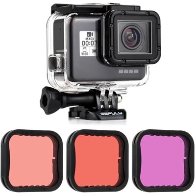 GEPULY Boîtier étanche avec Filtre de plongée Super Suit pour caméra GoPro Hero 7/6/5 Black, Hero (2018) – Photographie sous-Marine 45 m – avec filtres Rouge, Rouge Clair (Tuba) et Magenta - Publicité GEPULY Boîtier étanche avec Filtre de plongée Super Suit pour caméra GoPro Hero 7/6/5 Black, Hero (2018) – Photographie sous-Marine 45 m – avec filtres Rouge, Rouge Clair (Tuba) et Magenta - Publicité