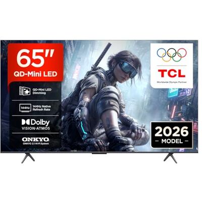TCL 65T8D 65 Pouces QLED avec QD-Mini LED Dimming 4K HDR Ultra HD TV, Smart Google TV (Dolby Vision, HDR10+ & Atmos, 144 Hz VRR, FreeSync Premium, Son Onkyo 2.1, Game Master, Commande vocale) - Publicité TCL 65T8D 65 Pouces QLED avec QD-Mini LED Dimming 4K HDR Ultra HD TV, Smart Google TV (Dolby Vision, HDR10+ & Atmos, 144 Hz VRR, FreeSync Premium, Son Onkyo 2.1, Game Master, Commande vocale) - Publicité