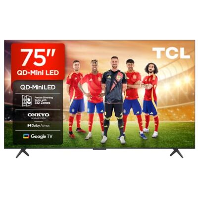 TCL 75Q6C QD-Mini LED TV, 4K HDR Premium 1000nits, Smart TV alimenté par Google (Dolby Vision IQ et Atmos, système Audio Onkyo 2.1, Motion Clarity Pro 144Hz, Game Master, contrôle Vocal Mains Libres) - Publicité TCL 75Q6C QD-Mini LED TV, 4K HDR Premium 1000nits, Smart TV alimenté par Google (Dolby Vision IQ et Atmos, système Audio Onkyo 2.1, Motion Clarity Pro 144Hz, Game Master, contrôle Vocal Mains Libres) - Publicité